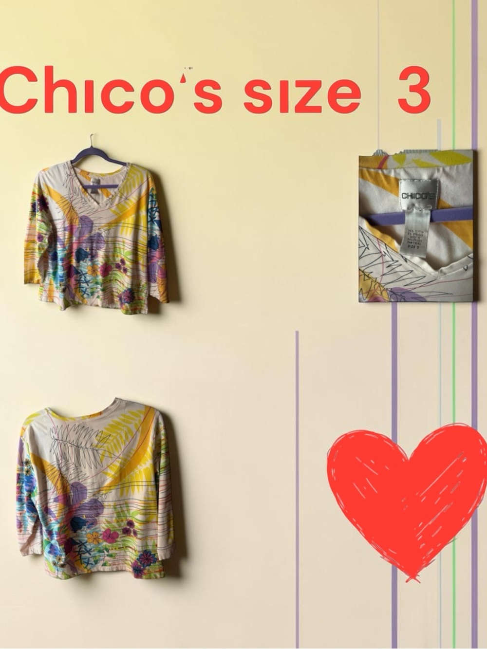Chico's Vibrant Botanical Floral V-Neck Knit Top - Size 3 (Fits XL / 16-18)